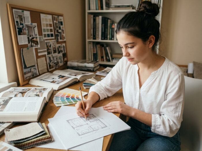 Adolescente dessinant un plan de décoration intérieure à son bureau, entourée de swatches de tissus et de livres de design, pour illustrer les études après la 3e vers le métier de décoratrice d'intérieur