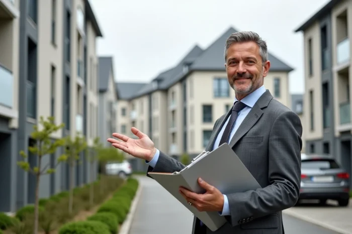 Agent immobilier devant un immeuble résidentiel neuf en banlieue française présentant des biens à vendre
