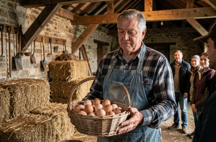 Agriculteur présentant des œufs frais aux visiteurs dans la grange d'une ferme pédagogique du Bocage Cénomans