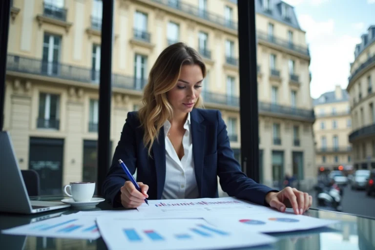Femme cadre analysant des graphiques du marché immobilier français dans un bureau moderne avec vue sur Paris