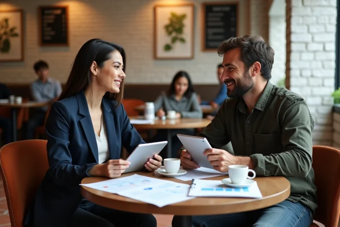 Deux associés discutant d'une stratégie de business en ligne autour de graphiques financiers dans un café indépendant