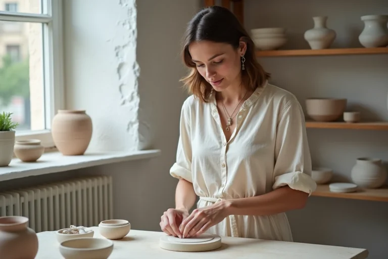 Femme façonnant de l'argile dans un atelier élégant