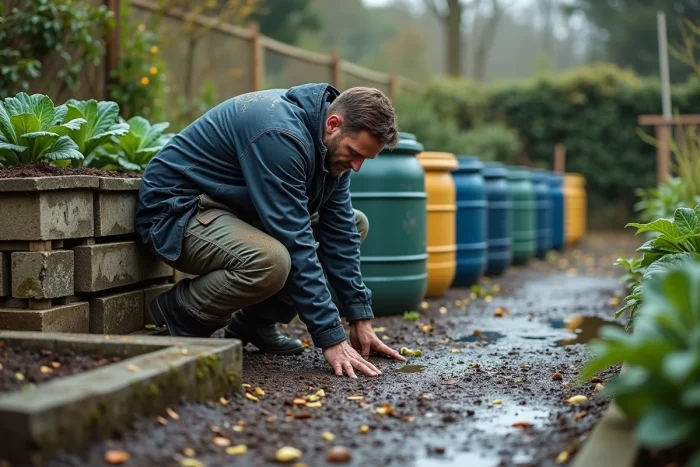 Homme installant des barils récupérateurs d'eau de pluie reliés par des tuyaux PVC dans un potager en permaculture