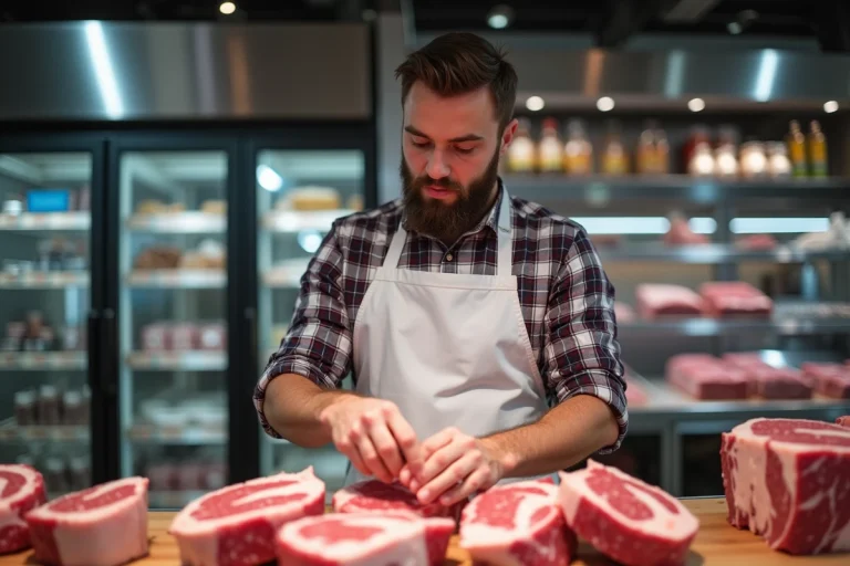 Jeune boucher examinant une pièce de viande fraîche dans un rayon moderne
