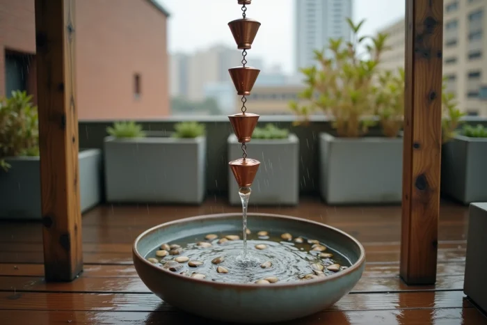 Chaîne de pluie en cuivre récupérant l'eau de pluie dans un bassin céramique sur un balcon urbain avec des plantes en pots