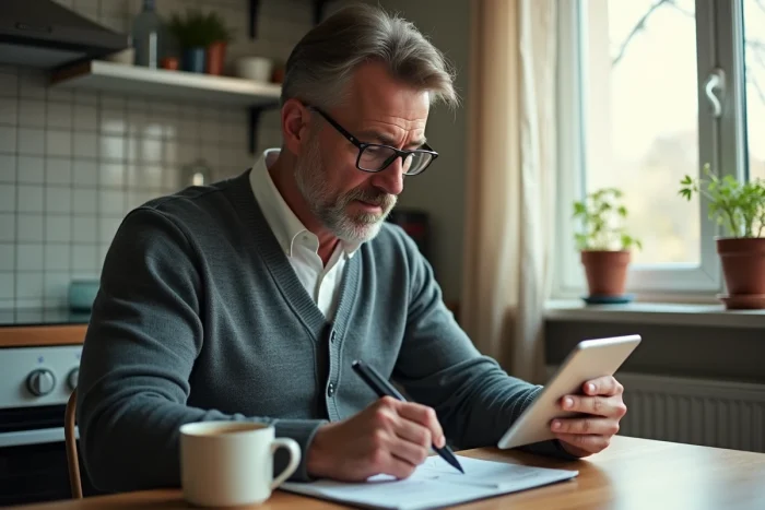 Homme étudiant des données économiques participatives sur une tablette dans un cadre domestique, représentant l'engagement citoyen dans l'économie collaborative