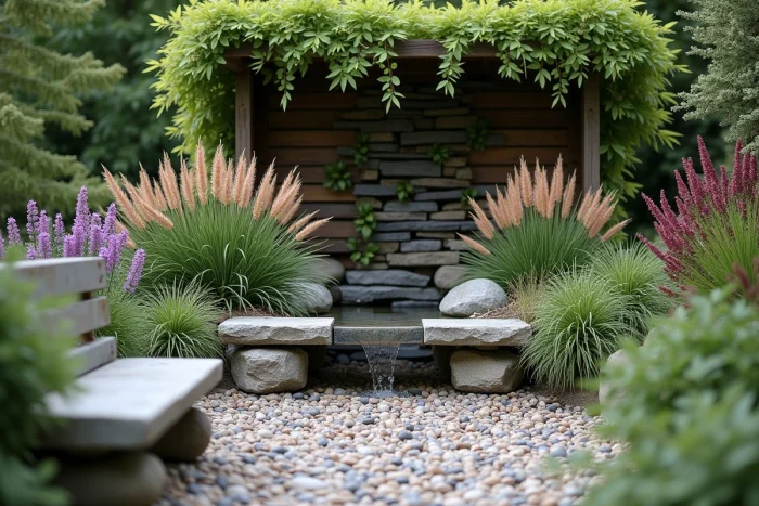 Coin de jardin aménagé avec un banc en pierre, des plantes vivaces colorées, une fontaine en ardoise et une pergola en bois envahie de jasmin