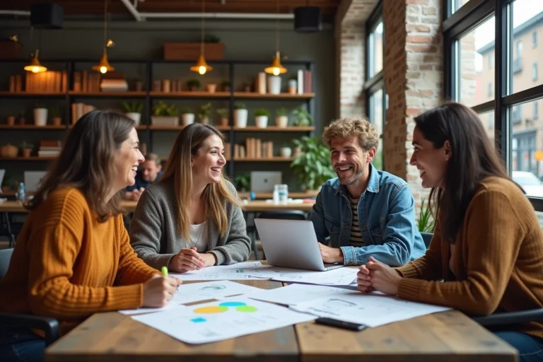 Groupe de professionnels collaborant autour d'une table dans un espace de coworking, illustrant les principes de l'économie participative