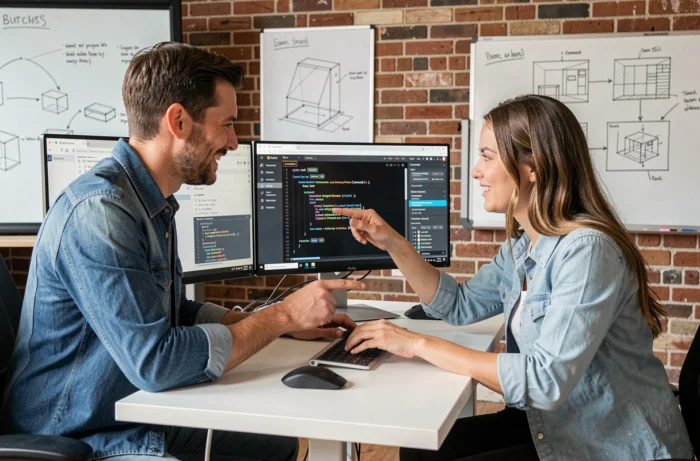Deux ingénieurs logiciels collaborant autour d'une interface d'IA de programmation en binôme dans un espace de travail moderne de startup