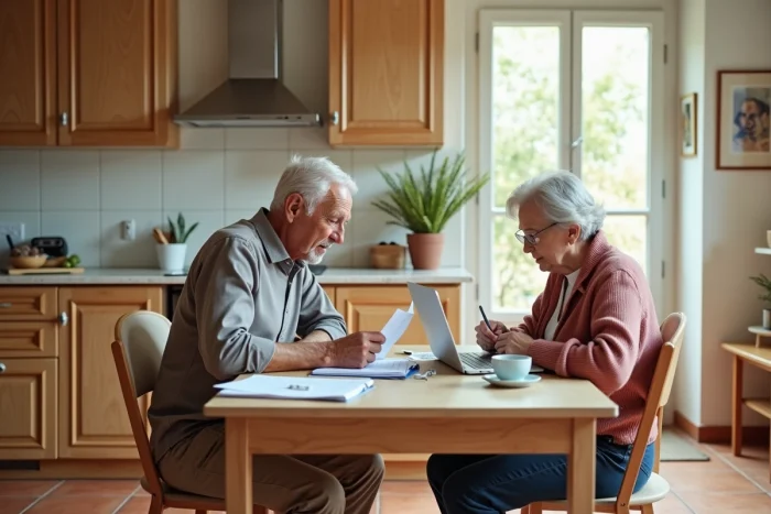 Couple de retraités planifiant leur retraite sereinement autour d'une table de cuisine moderne avec documents et ordinateur portable