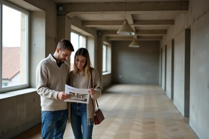 Jeune couple étudiant une brochure immobilière dans un appartement à rénover en centre-ville français