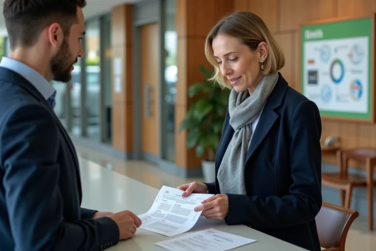 Femme d'âge moyen remettant des formulaires à un agent municipal