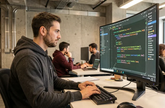 Développeur informatique utilisant un outil d'intelligence artificielle pour accélérer l'écriture de code Python sur un grand écran ultrawide