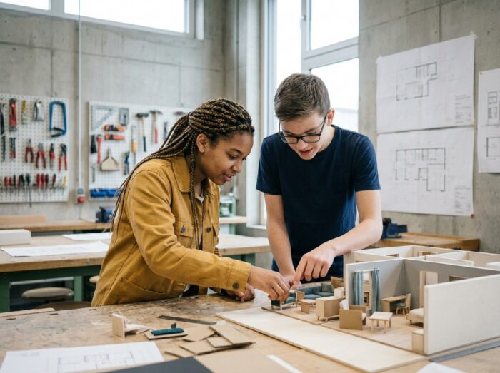 Deux élèves de lycée professionnel collaborant sur une maquette de pièce en atelier de décoration intérieure, illustrant les formations accessibles après la 3e pour devenir décorateur d'intérieur