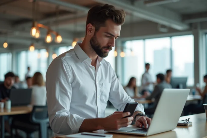 Jeune entrepreneur masculin dans un espace de coworking moderne gérant son activité en ligne sur ordinateur et smartphone