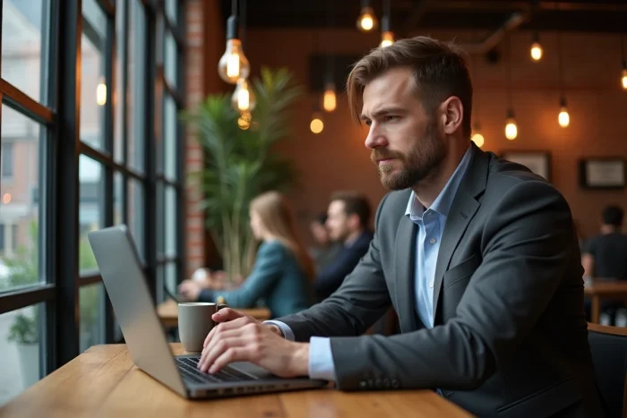Entrepreneur travaillant en télétravail dans un café urbain, tendances du monde des affaires 2024