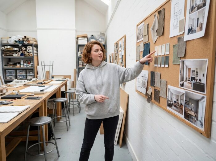 Jeune étudiante en école de design présentant un moodboard de décoration intérieure avec échantillons de matières et inspirations couleurs, dans le cadre d'une formation professionnelle après la 3e