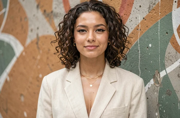 Jeune femme arborant un eye-liner graphique tendance et une peau lumineuse devant un mur urbain en béton texturé