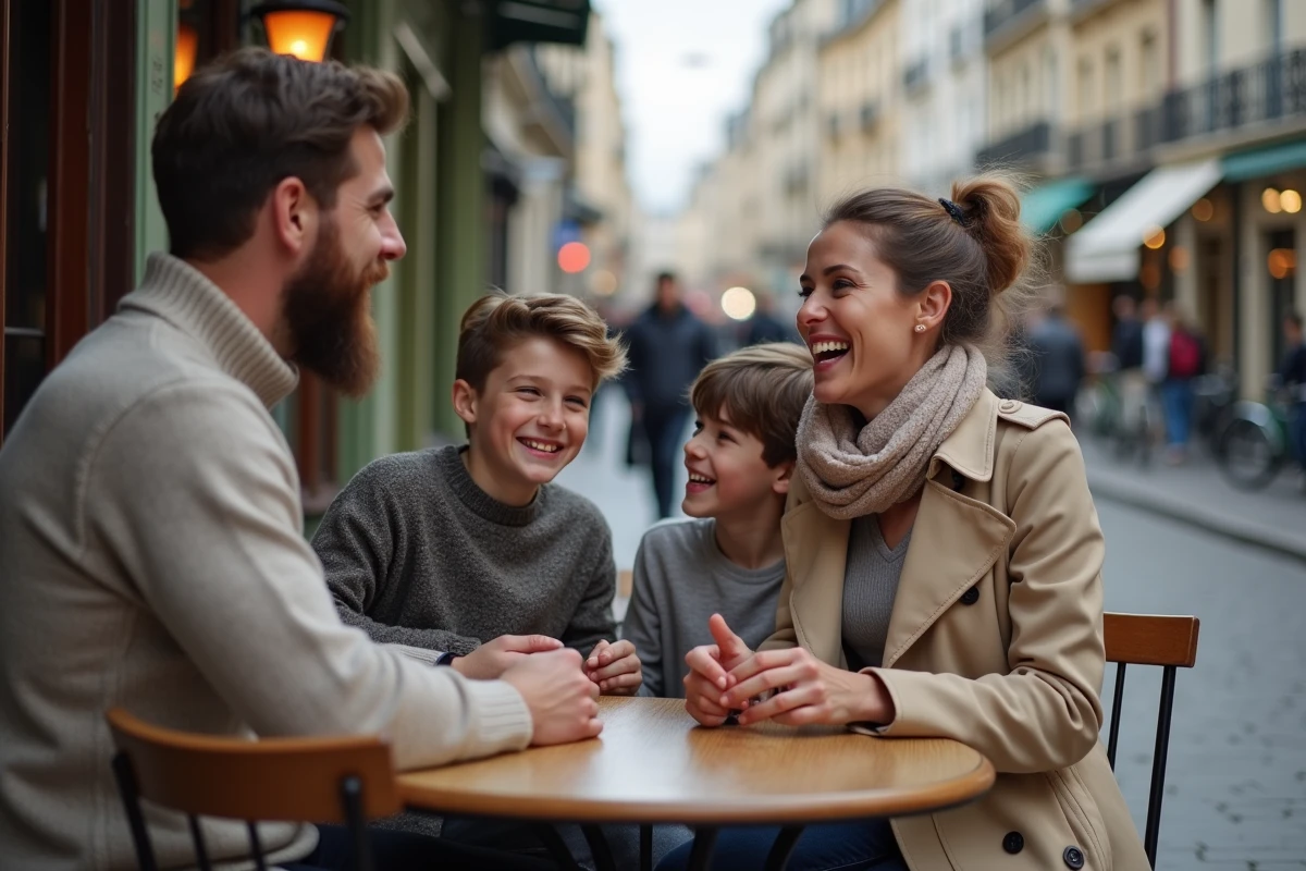 Famille au café parisien en plein air