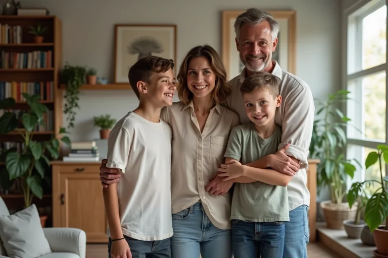 Famille moderne dans un salon lumineux et cosy