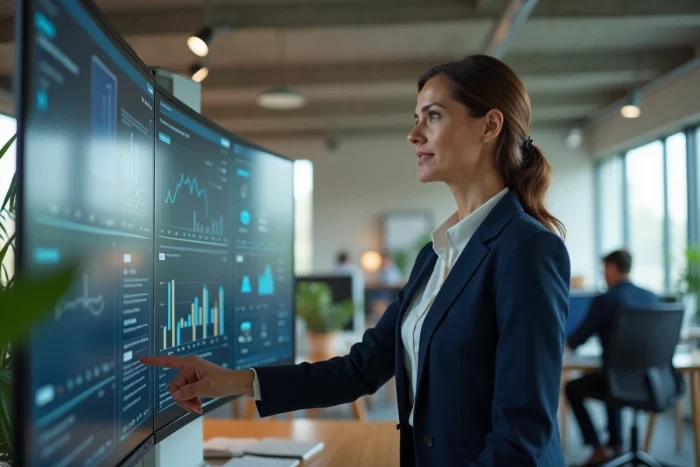 Femme d'affaires analysant des données financières sur un écran dans un bureau moderne en 2024
