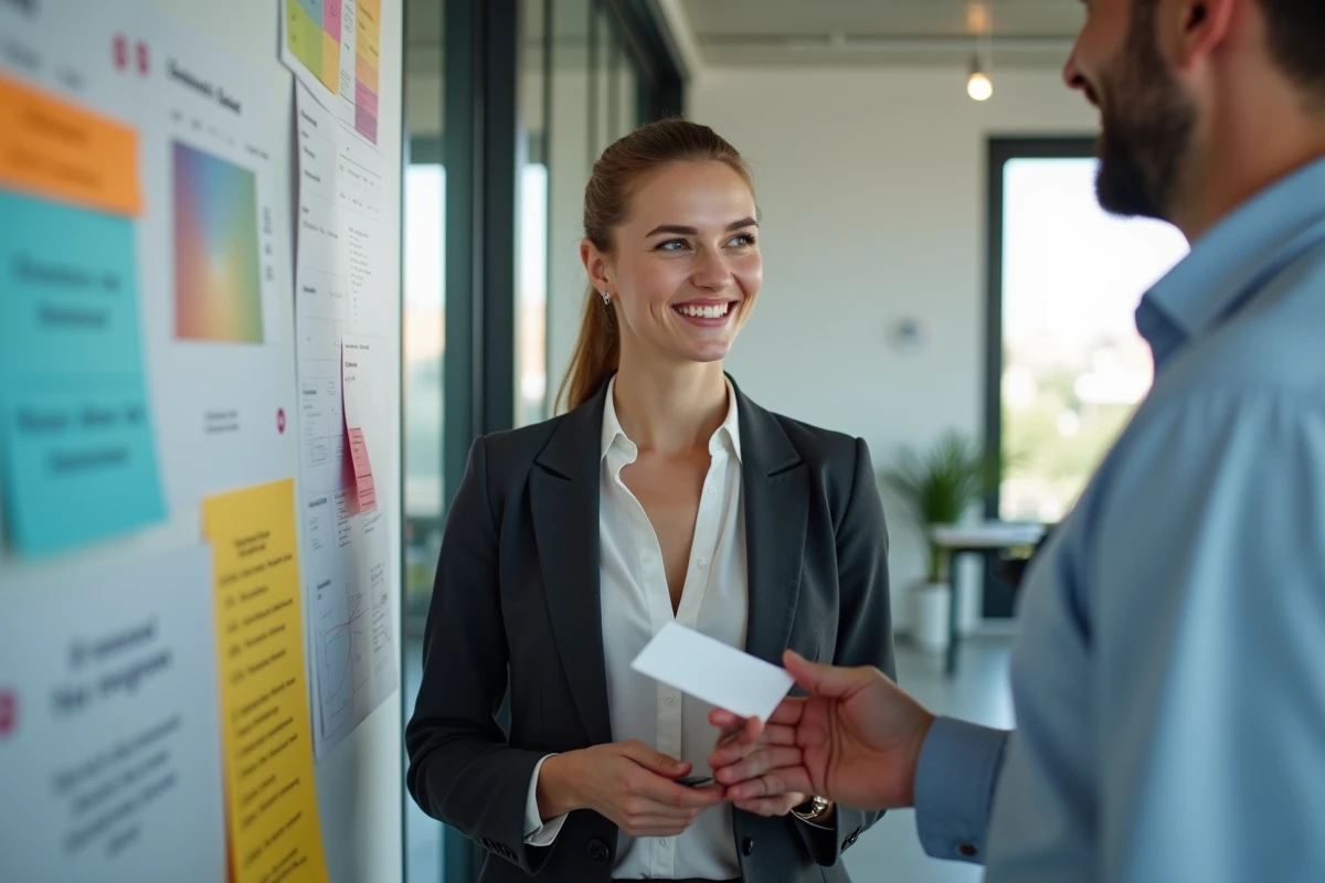 Jeune femme entrepreneure échangeant des cartes de visite