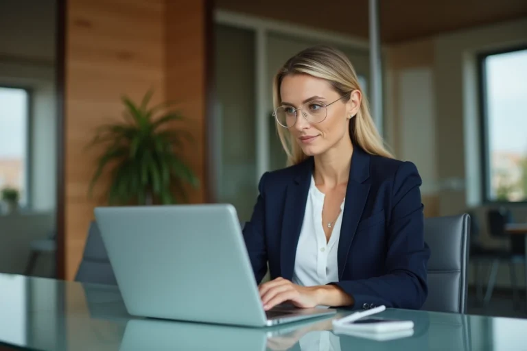 Femme d'affaires confiante utilisant un ordinateur portable