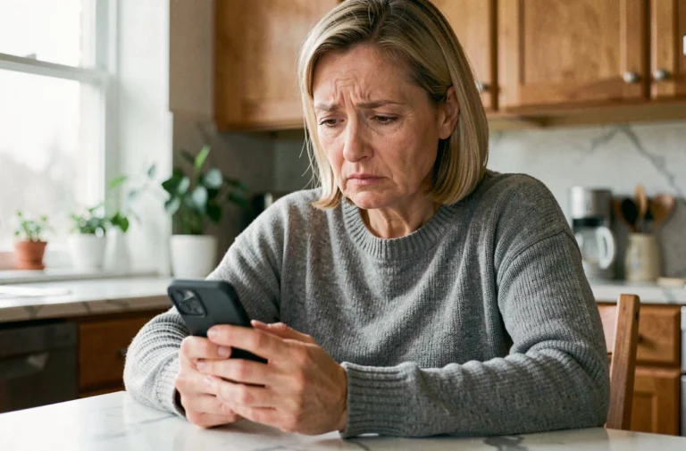 Femme inquiète regardant un appel suspect sur son smartphone avec l'indicatif 0270
