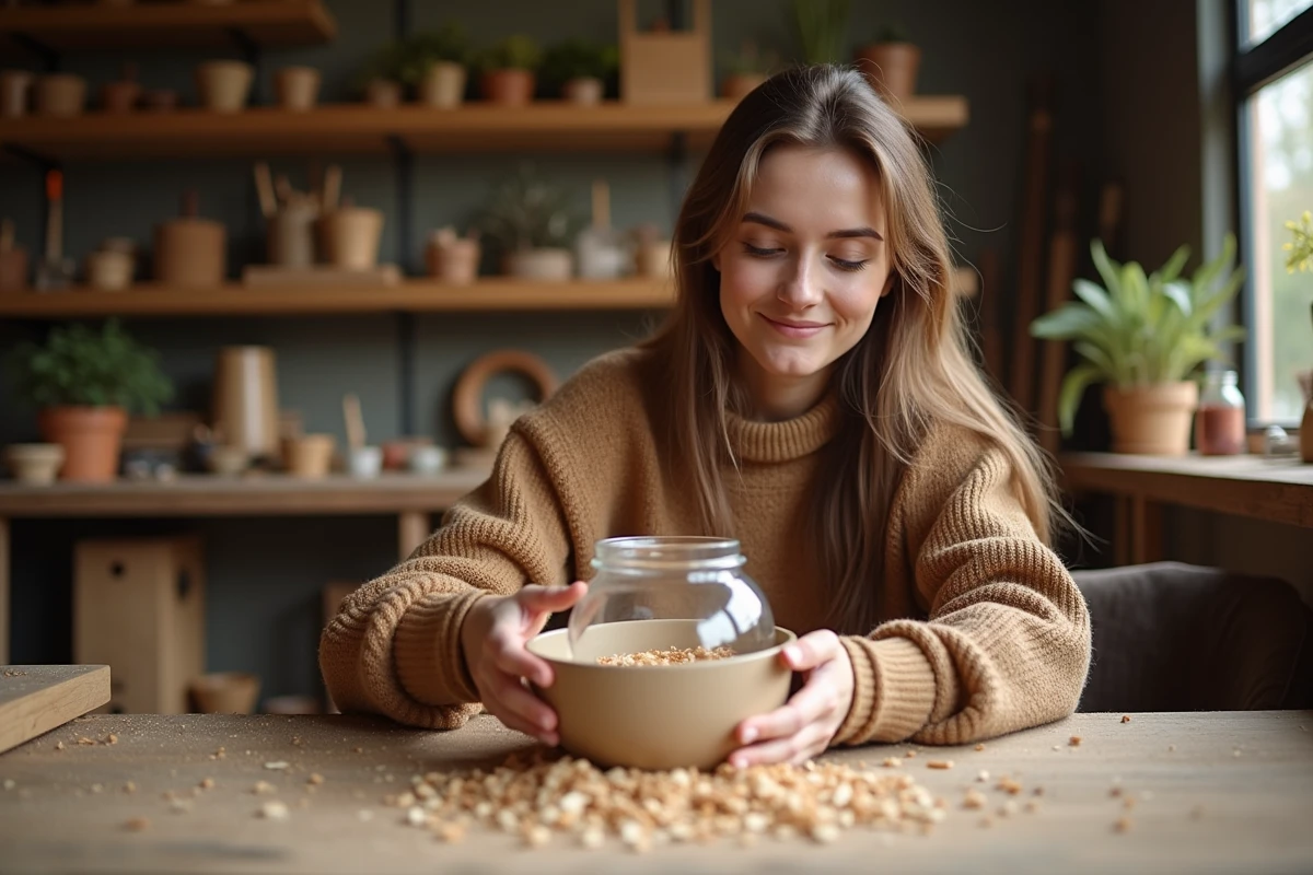Jeune femme versant des copeaux de bois dans un atelier