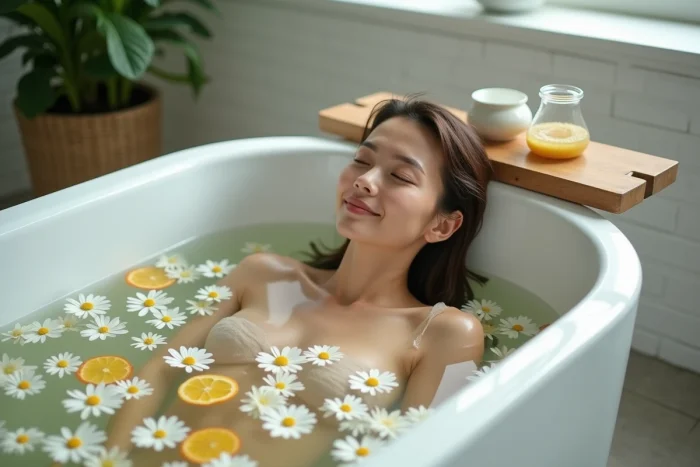 Femme se relaxant dans un bain botanique avec des pétales de roses et des fleurs de camomille pour le bien-être naturel
