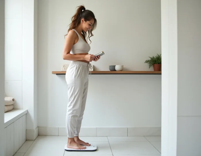 Femme se pesant sur une balance dans une salle de bain moderne pour suivre sa progression de perte de poids