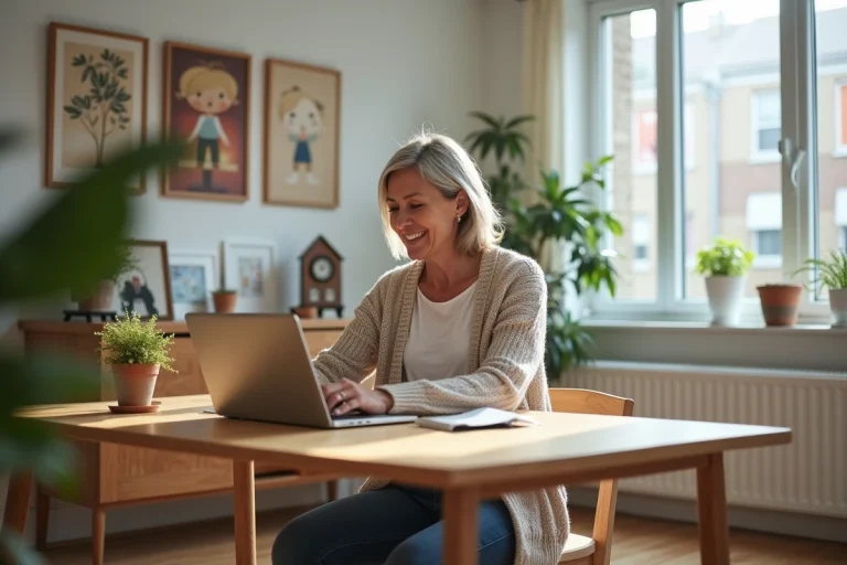 Femme souriante utilisant un ordinateur pour rechercher des biens immobiliers