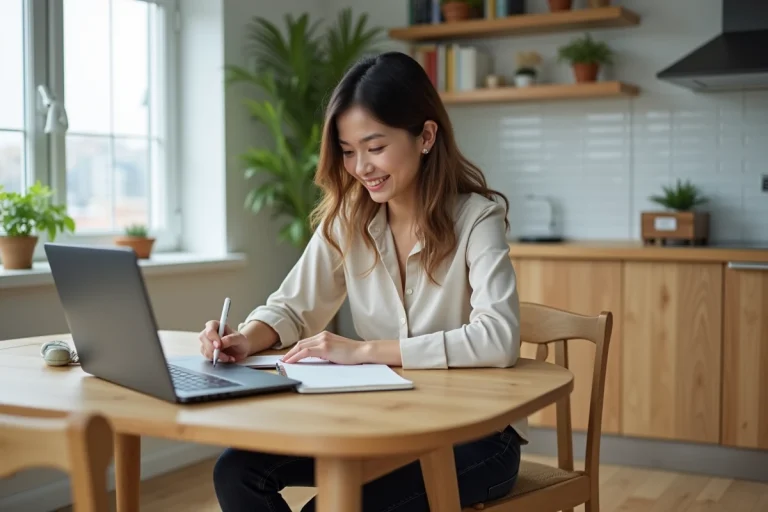 Jeune femme concentrée travaillant sur son ordinateur dans une cuisine lumineuse
