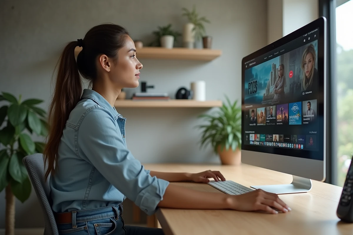 Femme regardant un écran de streaming dans un bureau moderne