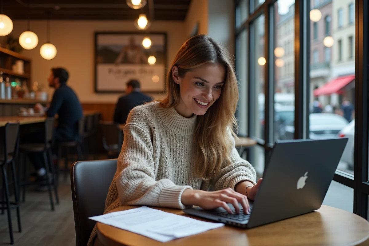 Femme dans un café regardant notes et guide Dofus Retro