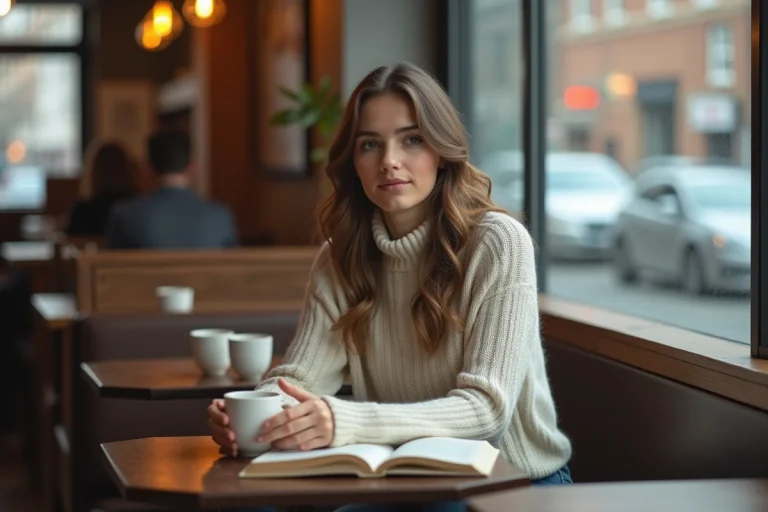 Jeune femme dans un café avec livre et regard pensif
