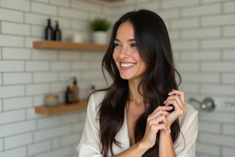 Femme aux cheveux longs et brillants prenant soin de ses cheveux dans une salle de bain minimaliste