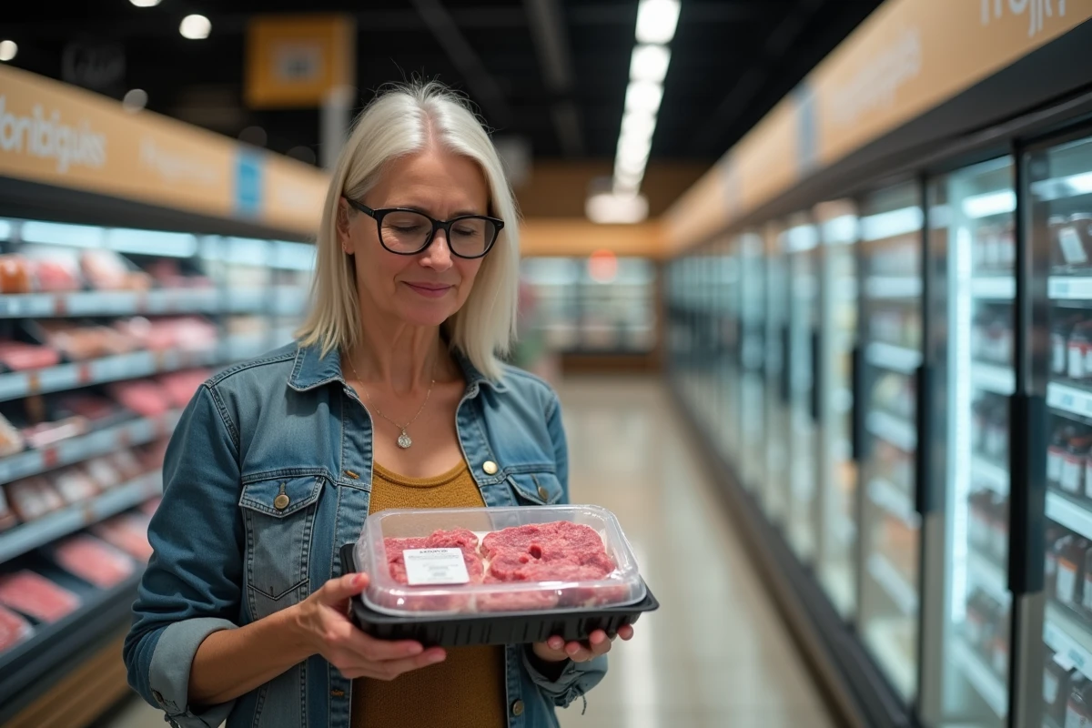 Femme lisant une étiquette de traçabilité sur un plateau de boeuf