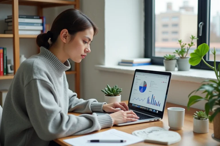 Femme entrepreneur travaillant sur son business en ligne depuis un bureau à domicile avec un MacBook et des notes analytiques