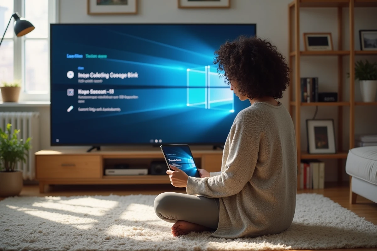 Femme assise sur le sol suivant des instructions sur sa tablette