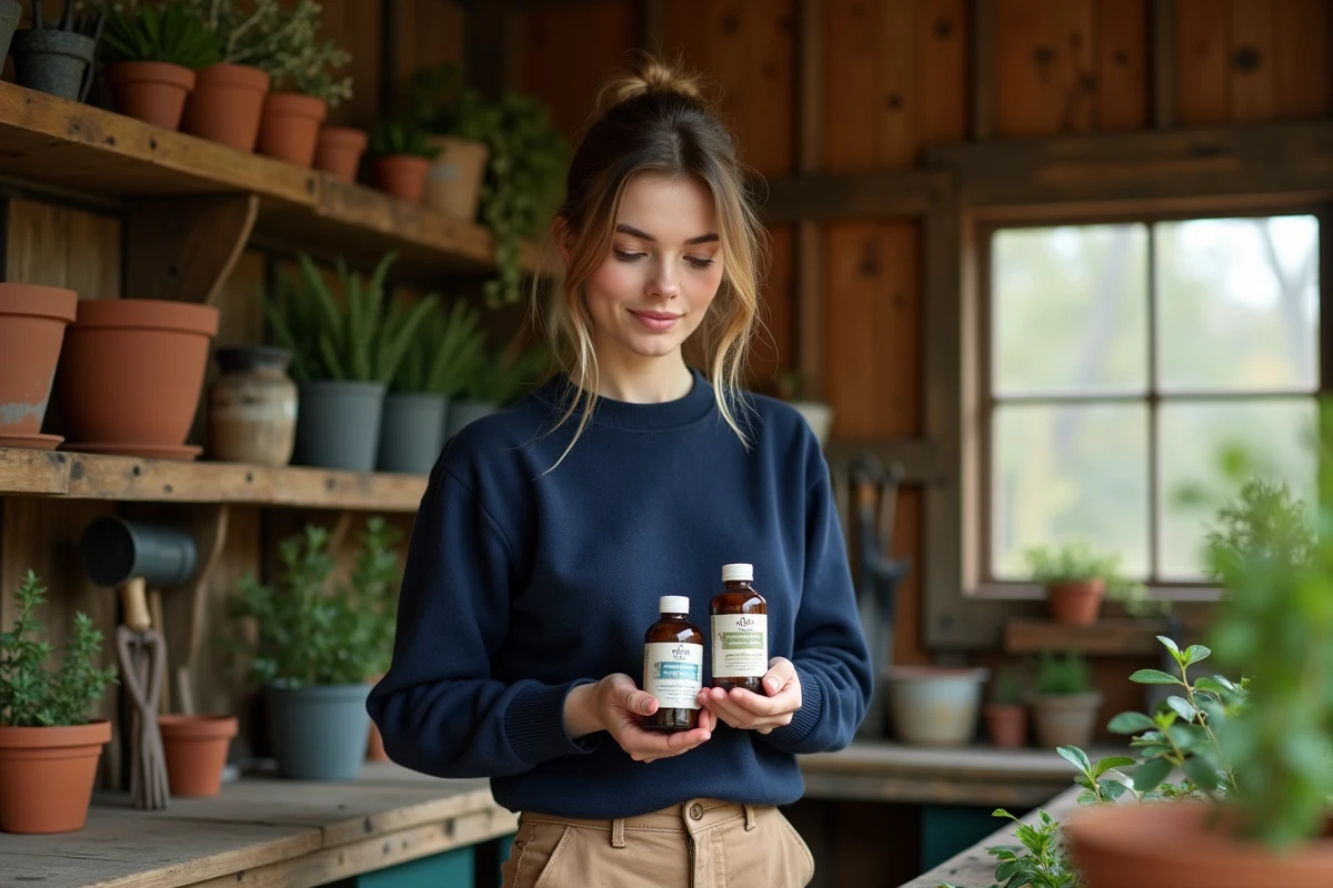 Jeune femme compare des bouteilles de mousseur dans un atelier