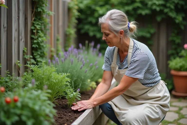 Femme jardinant dans un potager surélevé en bois entouré de lavande, tomates et herbes aromatiques dans un jardin harmonieux