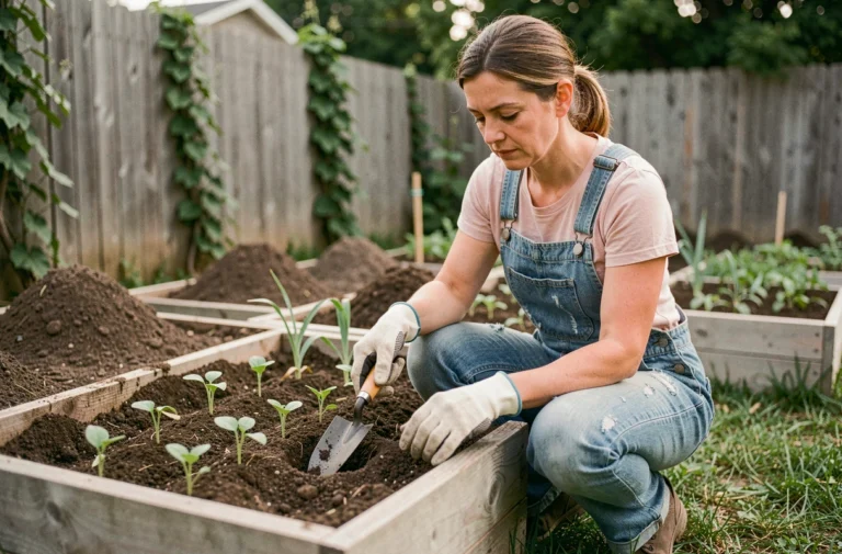 Femme jardinant dans un potager surélevé en bois avec des outils de jardinage essentiels