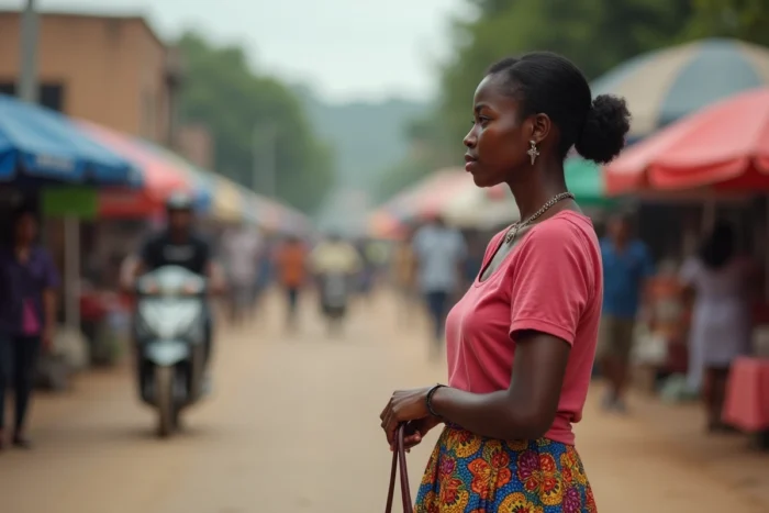 Jeune femme malgache en ville avec marché en arrière-plan