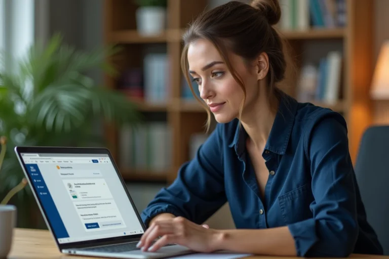 Femme accédant à sa messagerie EDF en ligne depuis son bureau à domicile sur un ordinateur portable
