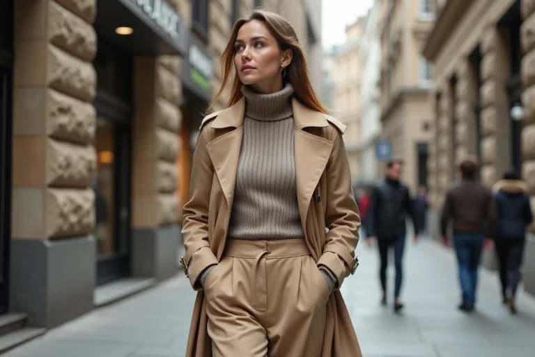 Femme élégante en trench beige dans une rue urbaine