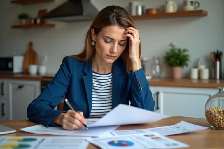 Femme organisée examinant ses relevés bancaires à la maison