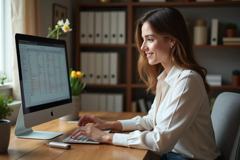 Femme organisée avec musique dans un bureau cosy