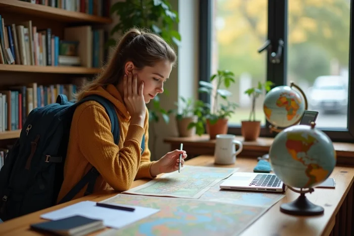 Jeune femme planifiant son voyage dans un bureau chaleureux