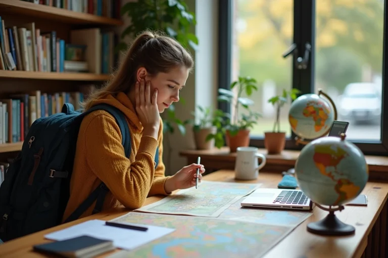 Jeune femme planifiant son voyage dans un bureau chaleureux